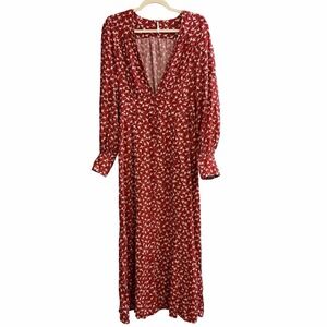 Free People Walk Me Home Long Sleeve Button Front Maxi Duster Red W White Birds